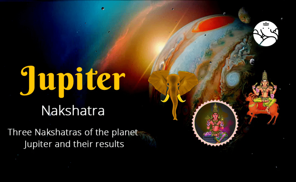 Illustration showing Jupiter Nakshatras Punarvasu, Vishaka, and Poorva Bhadra with symbols and personality traits