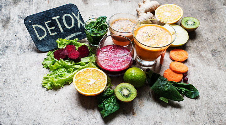 Natural detox foods for daily cleansing including fruits, vegetables, and Ayurvedic herbs